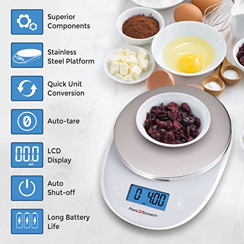 Pohl Schmitt Digital Food Kitchen Scale, Batteries Included, Multifunctional Weight Measuring Device in Grams/Ounces, Auto Shut-Off, Stainless Steel, Silver