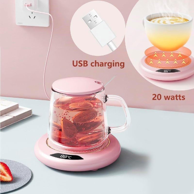 Image of Electric Coffee Mug Warmer for Desk with 3 Temperature Settings & Auto Shut-Off, USB Cup Warmer Heating Coaster for Tea, Coffee, Milk & Hot Beverages (Pink)