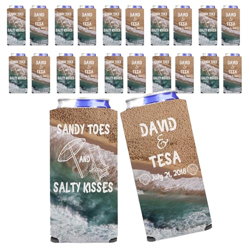 Custom Beach Wedding Can Coolers – “Sandy Toes and Salty Kisses” Design – Personalized Drink Sleeves for 12oz Cans – Set of 25 Foldable Coolers – Skinny Size – VictoryStore Party Favors