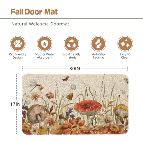 Feijiati F-J-M-D-S018-04 Fall Door Mat 17X29 Inch Wildflowers Golden Eucalyptus Leaves Thanksgiving Doormat Decorative Outdoor Autumn Mushroom Floral Butterfly Decoration Indoor Outdoor Entrance Floor Welcome Mat thumb #2