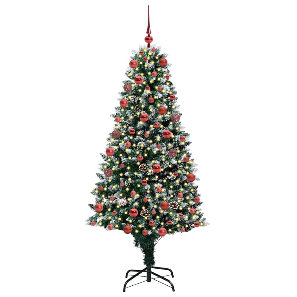 Árbol de Navidad artificial de 180 cm, verde, con 300 ledes blanco cálido, soporte, copos de nieve y conos, para interior y exterior, decoración navideña festiva