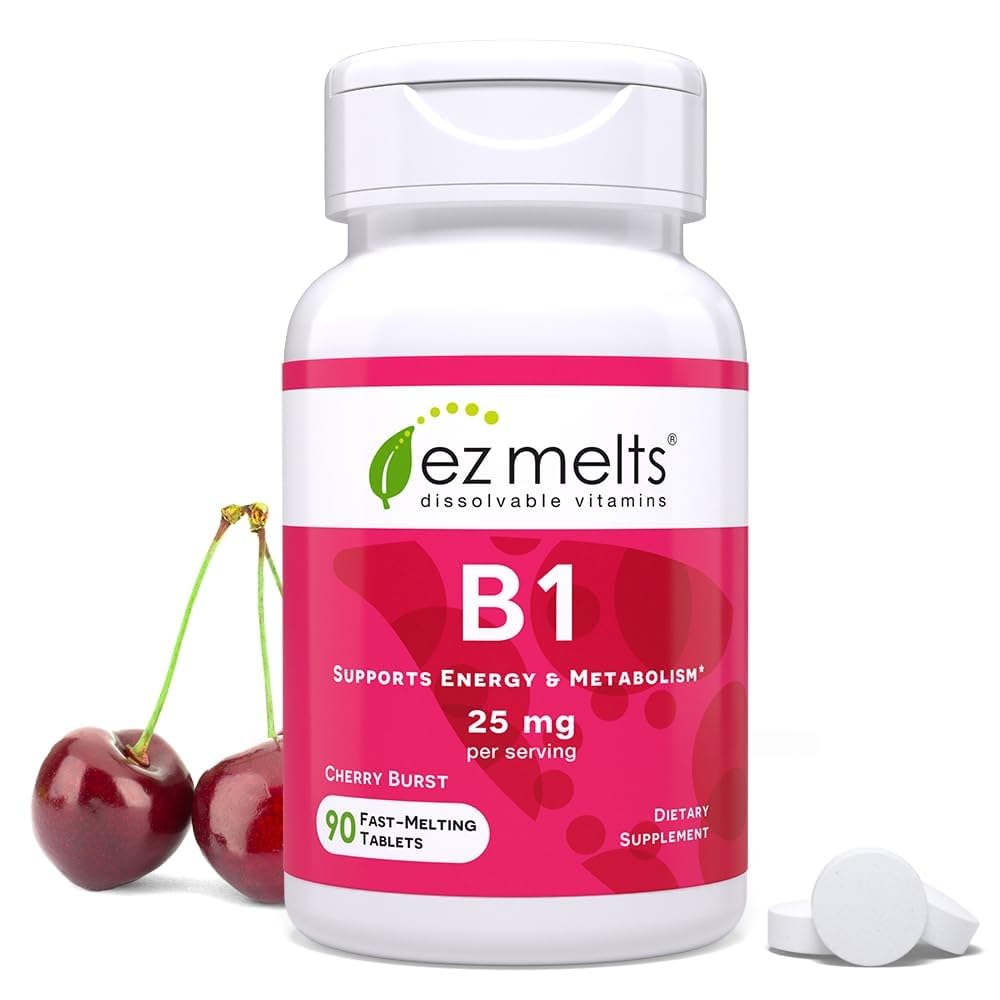 EZ Melts Dissolvable Vitamin B1 25 mg - Thiamin Supplement for Energy, Stress & Cellular Support - No Artificial Flavors - Non-GMO & Vegan - Cherry Burst - 90 Dissolvable Tablets (45 Servings)