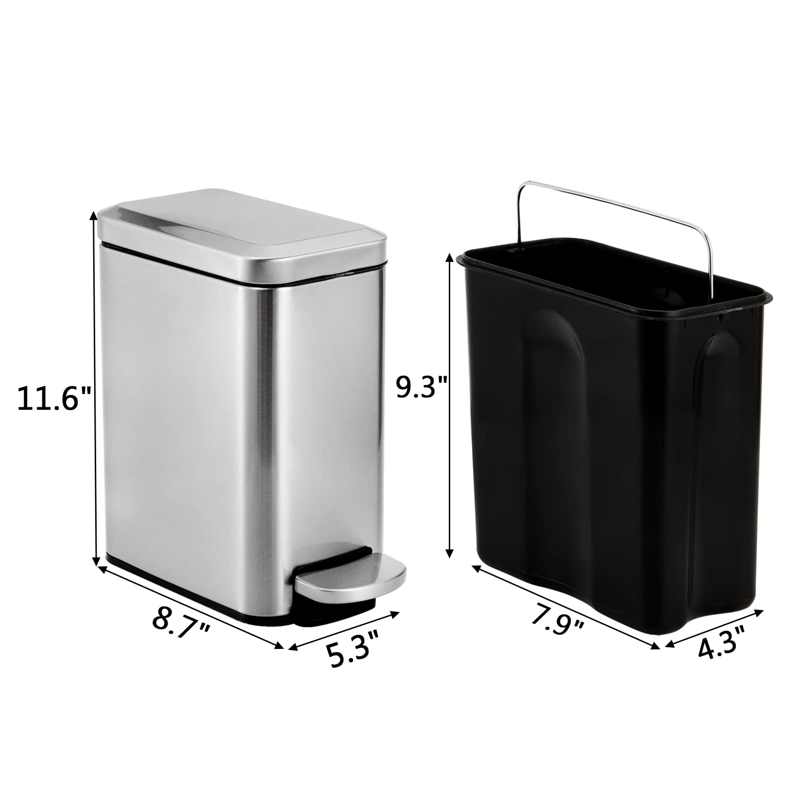 Hiceeden 6 Liter Slim Step Mülleimer mit Deckel, Edelstahl, rechteckig, Mülleimer mit tragbarem Inneneimer für Küche, Bad, Schlafzimmer, Wohnzimmer, Esszimmer, Büro