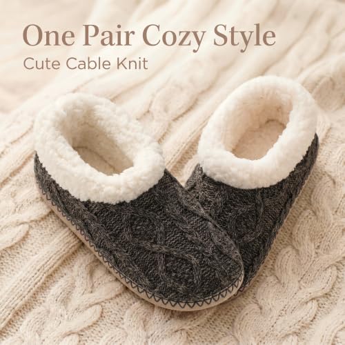 Image of cosyone1997 Cable Knit Slipper Socks for Women Non Slip Soft Sole | Fuzzy sherpa lining, gripper dots, flexible bootie coverage and machine washable care for warm, comfortable indoor wear