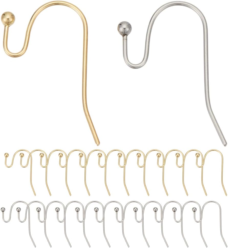 200Pcs 18K Gold Plated Earrings Hook 2 Colors Stainless Steel French Earring Hooks Ear Wires Fish Hook Ball End Ear Wires for Drop Dangle Ears Findings Parts Jewelry Making DIY Craft