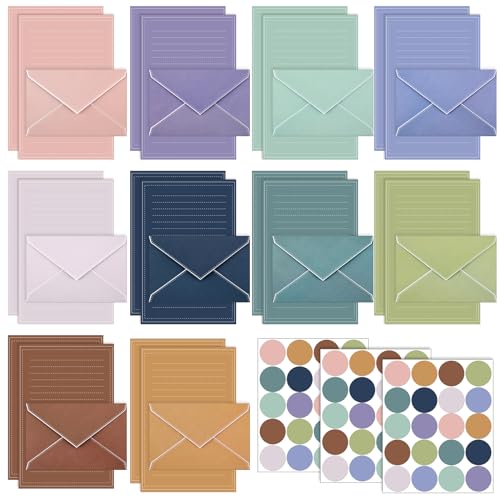 TaoBary 160 Packs Stationery Paper Set (50 Double Sided Stationery Writing Papers 50 Matching Envelopes) 60 Round Dot Sticker, 10 Design (Morandi Color)