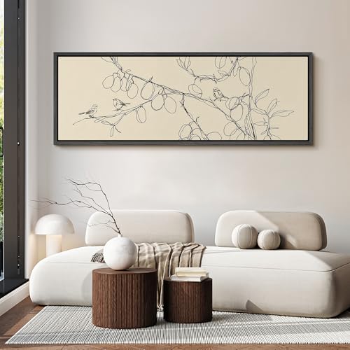 Image of MUDECOR Large Framed Canvas Print Wall Art Simple Line Art Birds on Branch Botanical Minimalist Antique Retro Ready to Hang Painting for Living Room Bedroom Multi-Sizes - 60 inchx20 inch