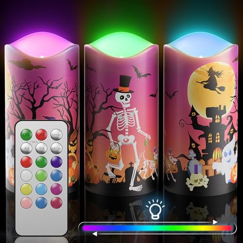 Halloween Candles with 12 LED Light Colors, Battery Operated Flameless Candles, Halloween Decorative Candles with Remote Control Colors and Timer, 3 x 6 Inch, Set of 3