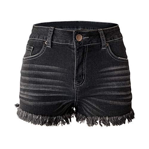 Aodrusa Womens Ripped Denim Cut Off Jeans Shorts Distressed Tassels Bermuda Black US 2