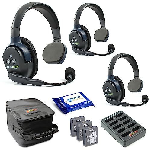 Eartec UL3S Ultralite HD Wireless Intercom Headset System 3-Person Full Duplex Single Ear DECT Interference-Free Up to 1000ft Range Team Communication for Crews