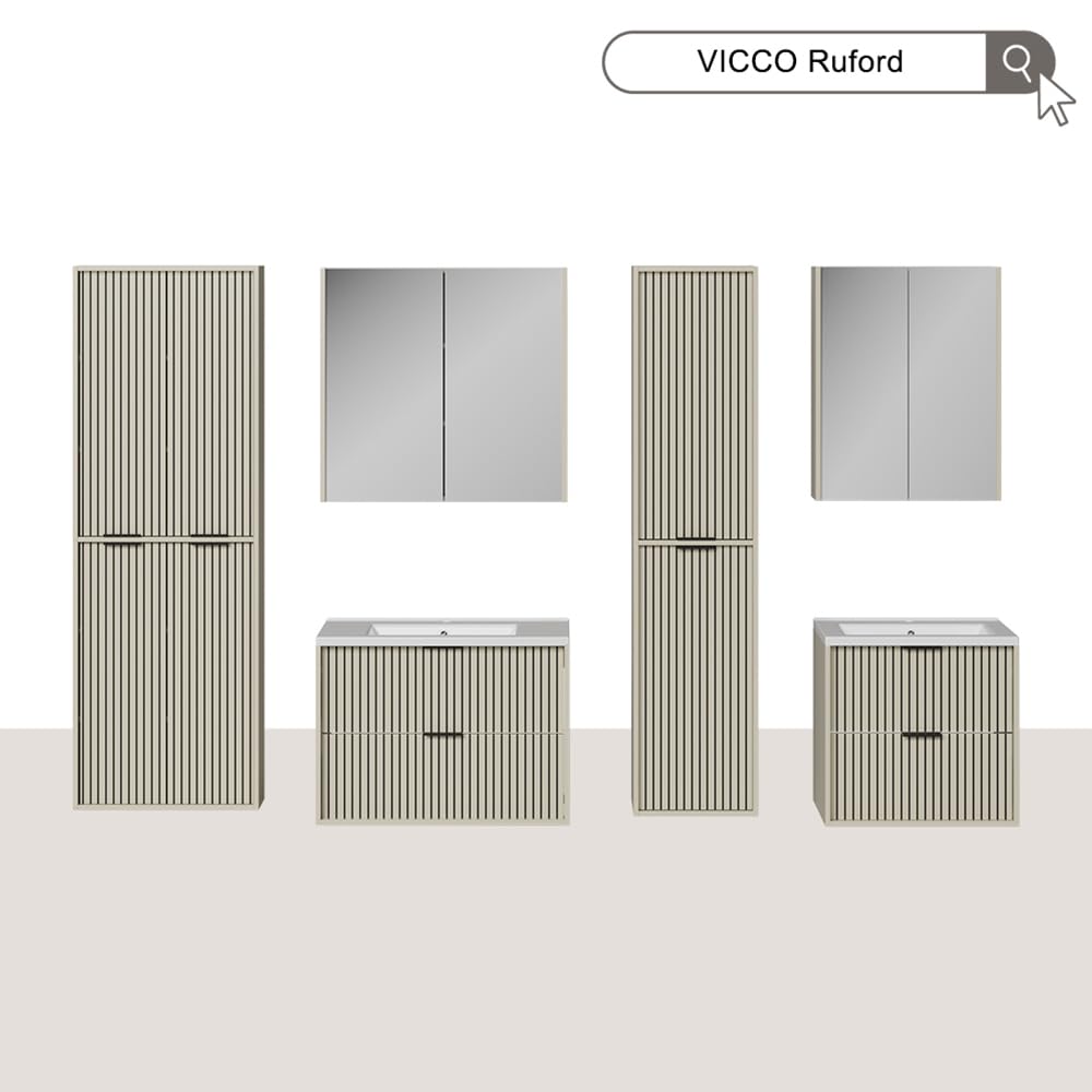Vicco Badmöbel-Set Ruford, Cashmere, 80 cm, besteht aus Waschbeckenunterschrank inkl. Waschbecken, Midischrank und Badspiegel