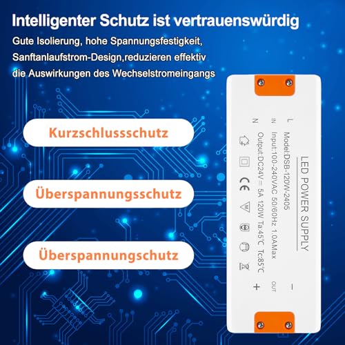 LED Trafo 24V 120W, LED Treiber Netzteil 24v 5A, LEd Transformator 230V 24V 120W, trafo 230v auf 24v, für G4 GU5.3 MR11 MR16 LEd Strips, Nicht Dimmbar, Kein Rauschen, Kein LED-Flimmern