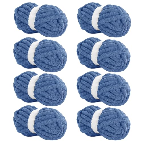 HOMBYS Country Blue Chenille Yarn for Crocheting, Bulky Thick Fluffy Yarn for Knitting,Super Bulky Chunky Yarn for Hand Knitting Blanket, Soft Plush Yarn, 8 Jumbo Pack (27 yds,8 oz Each Skein)