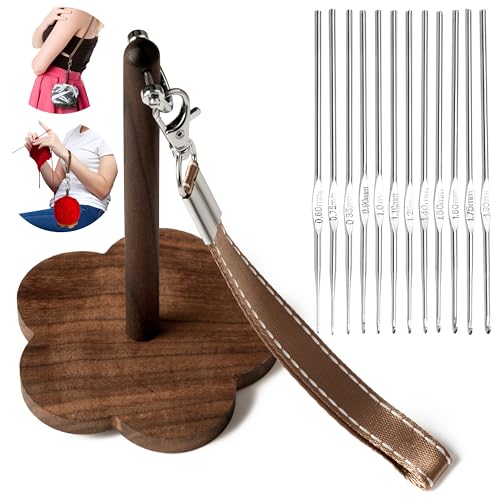 Image of ARefugen Wrist Yarn Holder and 12 Sizes Crochet Hooks Set - Portable Yarn Ball Minder Stand - Wrist Strap and Shoulder Strap, Wooden Yarn Organizer Storage Knitting Crocheting Gift for Craft Lover