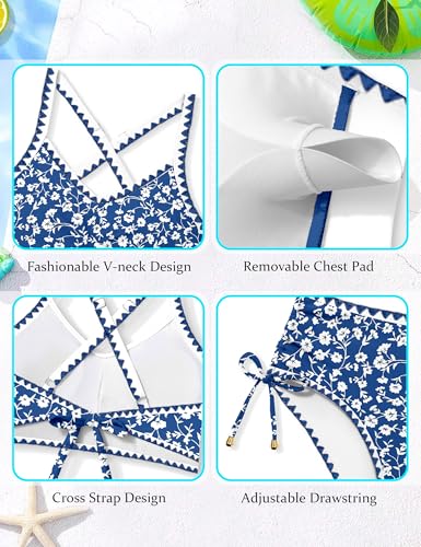 Image of Teen Girls Swimsuits V-Neck Bikini Set Bathing Suits Cross Straps Two Piece Swimwear with Drawstring