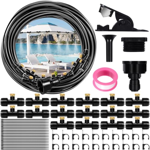Purpledi 15M Kit Nebulizador Jardín, Sistema de enfriamiento por nebulización, Nebulizador Terraza Exterior con 16 Boquillas de Latón Ajustables para Eventos al Aire Libre,Jardines,Sombrillas y Techos