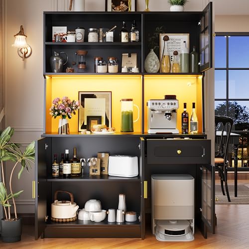 LAKFEW Alacena de Cocina con Iluminación LED y 1 Cajón, Armario Cocina Almacenaje con 4 Puertas y Dispositivo Antivuelco, Alacena Cocina con Estantería Abierta, Aparador Alto, 130x45x180 cm, Negro