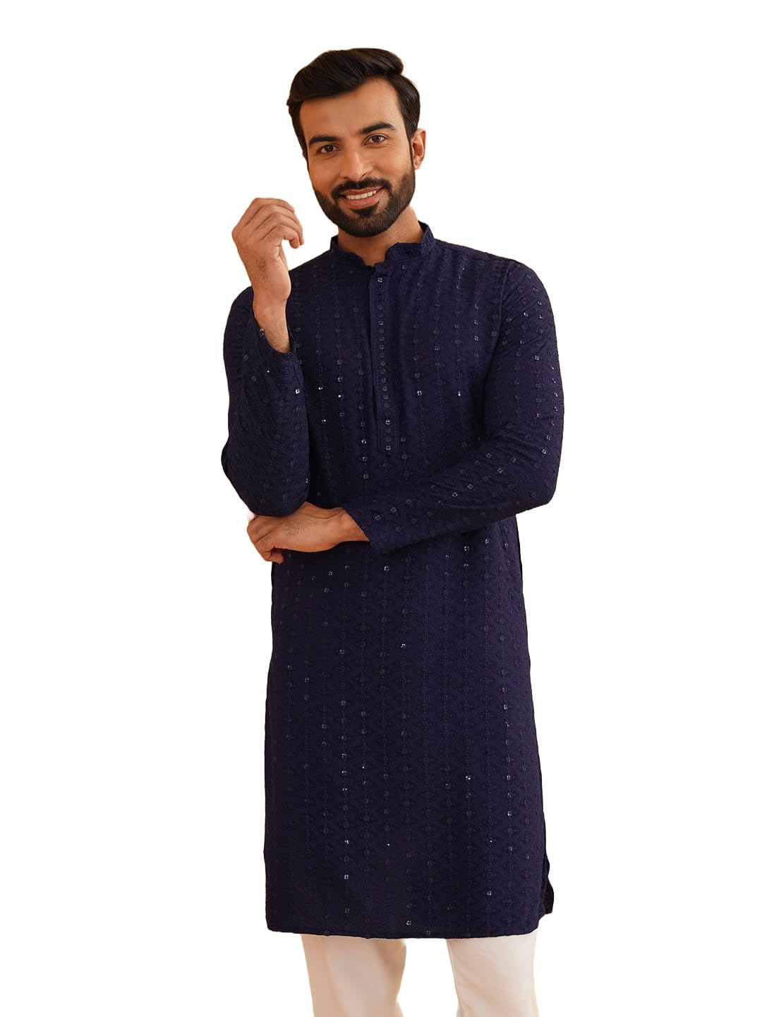 Sojanya (Since 1958 Men's Ethnic Motifs Embroidered Sequinned Navy Blue Cotton Long Kurta