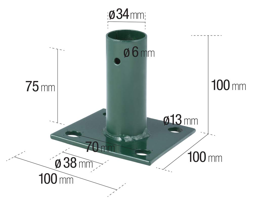 VERDELOOK | Piastra Manicotto a Base Quadrata e Supporto Rotondo Porta Palo, Cancello e Pannelli per Fissaggio a Terra, Verde, Diametro Interno 34 mm