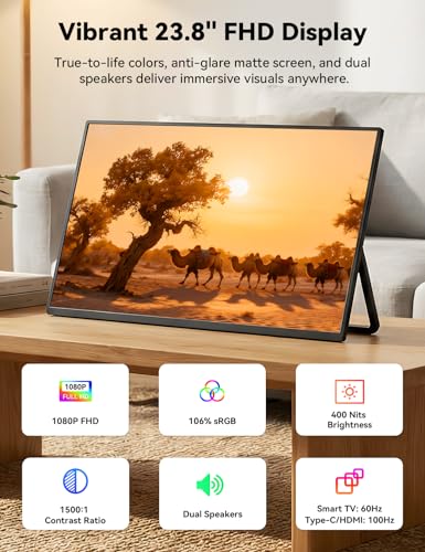 Image of HotYeah Portable Smart TV, EDLA-Certified, 23.8 inch 1080P 2-in-1 Rolling TV & Monitor, w /Built-in 10000mAh Battery, Support Voice Control, USB-C & HDMI, 180 Adjustable Kickstand