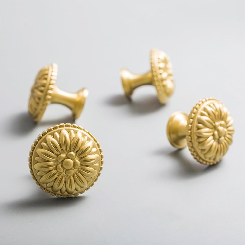 Myxekllo Brass Cabinet Round Knobs, 4 Pack Gold Euro Style Cabinet Knob Dresser Drawer Modern Dresser Drawer Knobs, Vintage Brass Cabinet Knobs