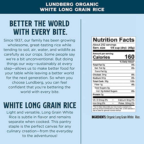 Lundberg Family Farms - Organic White Long Grain Rice, Subtle Flavor, Remains Separate When Cooked, Pantry Staple, Bulk Rice, Gluten-Free, Non-Gmo, Usda Certified Organic, Vegan, Kosher (25 Lb) #TOP5