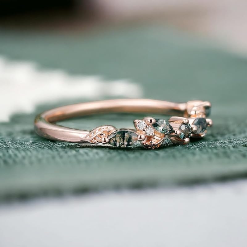 Leaf Vine Moss Agate Wedding Band Marquise Alexandrite and Moissanite Accents Dainty Promise Ring Handcrafted Elegant Bridal Jewelry for Her