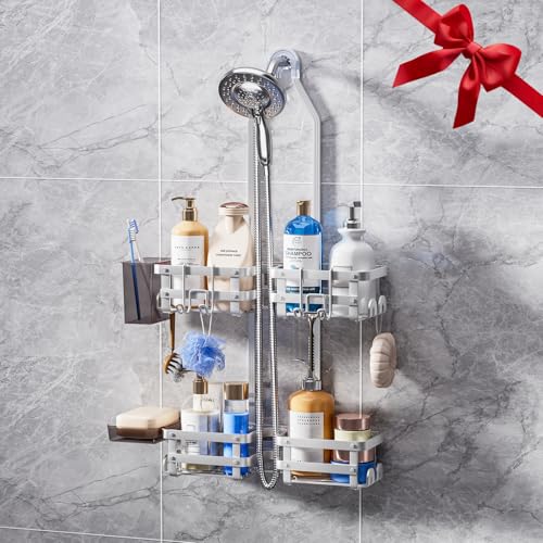 GAOKASE Aluminum Shower Caddy Hanging Never Rust Shower Organizer- 4 Levels with adjustable Height 10 Hooks for Razor/Sponge - Rack with Soap Basket (Silver)
