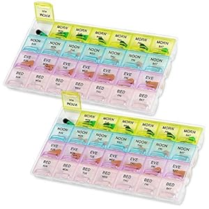Pill Organizers – (2 Pack) Large Pill Organizer with Weekly and Daily 4-Times-A-Day Compartments for Morning, Noon…