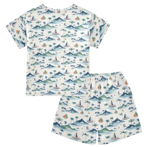 Palm Tree Sailboat Mountain Pajama Set, Short Sleeve Cotton Sleepwear Nightwear2