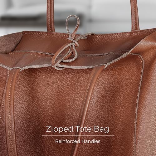 Image of Genuine Italian Leather Tote Bag for Women, Large Slouchy Purse, Brown | Unstructured bag, raw unlined interior with zip pocket, top zipper, side ties, folds flat, fits a 16-inch laptop, lightweight