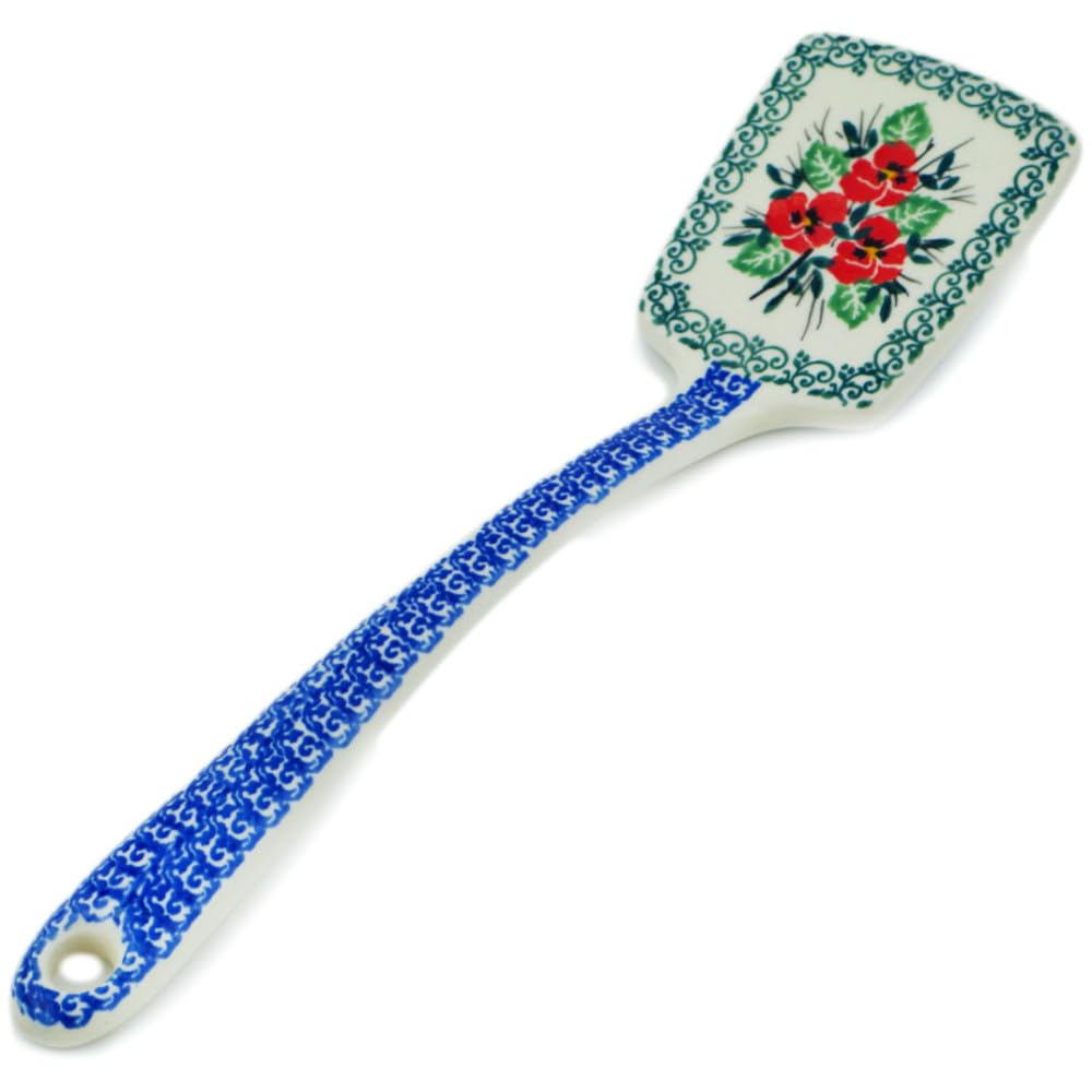 Authentic Polish Pottery Spatula in Red Pansy Design Handmade in Boles?awiec Poland by Ceramika Artystyczna + Certificate of Authenticity