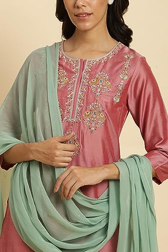 Image of W for Woman Women Polyester Aqua Green Chiffon Dupatta With Gold Mukaish, Free Size