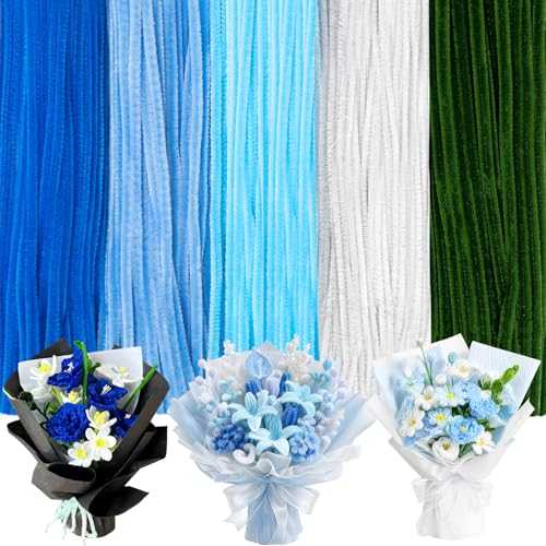 Image of Peryiter 500 Pcs Pipe Cleaners for DIY Flower Bouquets, Chenille Stems for Graduation Bouquet Crafts, Fuzzy Sticks for Handmade Flowers, DIY Gift, Art Projects(Blue Flower Color,12 Inch)