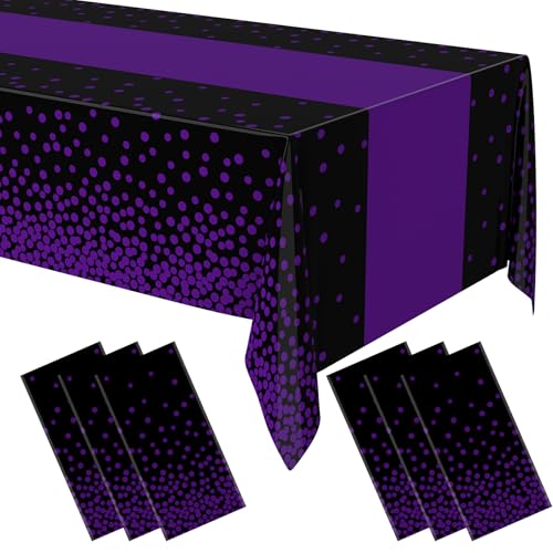 Image of Oudain 6 Pcs Purple and Black Tablecloth for Parties Plastic Dot Tablecloths Printed Table Runner Waterproof Disposable Rectangle Table Cover for Christmas Birthday Wedding Party, 54 inch x 108 inch