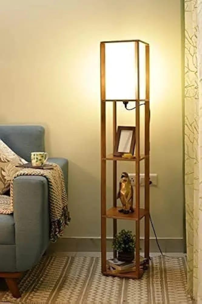 Floor Lamp with Shelf, Wooden, for Living Room, Bedroom, Kitchen, Dining Room, Entryway, Hallway Wooden LED Floor inLamp with 3 Tier Shelf Lamp for Home Decor (Beige Color) 56 inches