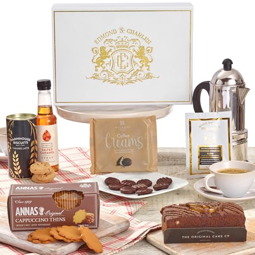 Edmond & Charles Gourmet Coffee & Chocolate Gift Hamper | Luxury Box with Edmonds Signature Blend Ground Coffee Salted Caramel Syrup Biscuits Cake & Chocolates | Birthday Hampers Presents for Men