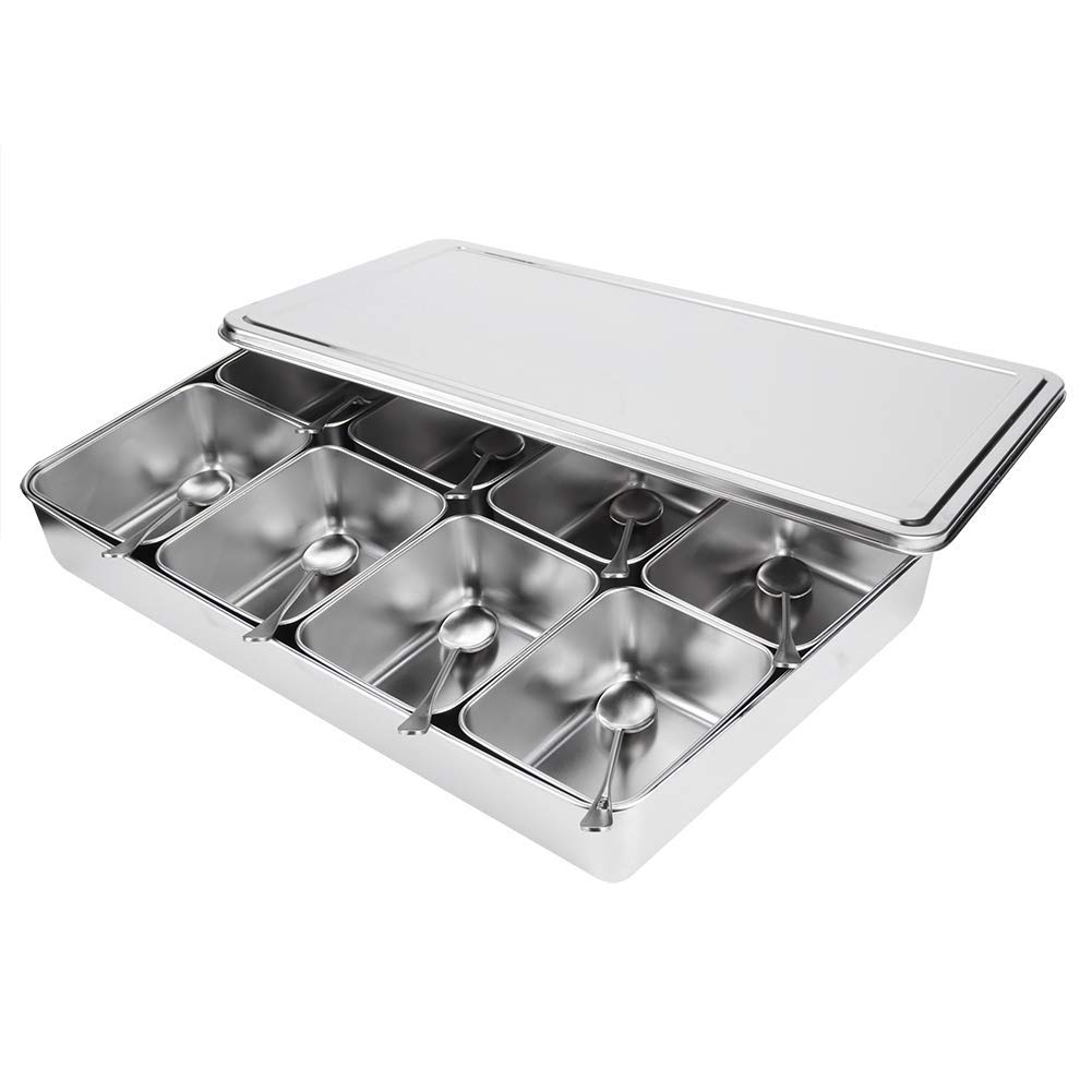 Scatola per Spezie Acciaio Inox, 8 Scomparti Rimovibili Multiuso per, Contenitore Condimenti con Coperchio Antipolvere, Set Completo per Spezie Snack Farina Frigorifero