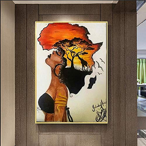 Toile femme africaine abstraite LSYALUCK cadre intérieur 80x140cm