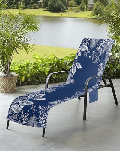 Christmas Navy Beach Chair Towel Covers for Chaise Lounge with Side Pocket, Soft Plush Pool Towels Cover for Patio Sunbathing Outdoor 29''x85'' Blue Forest Pine Tree Branch
