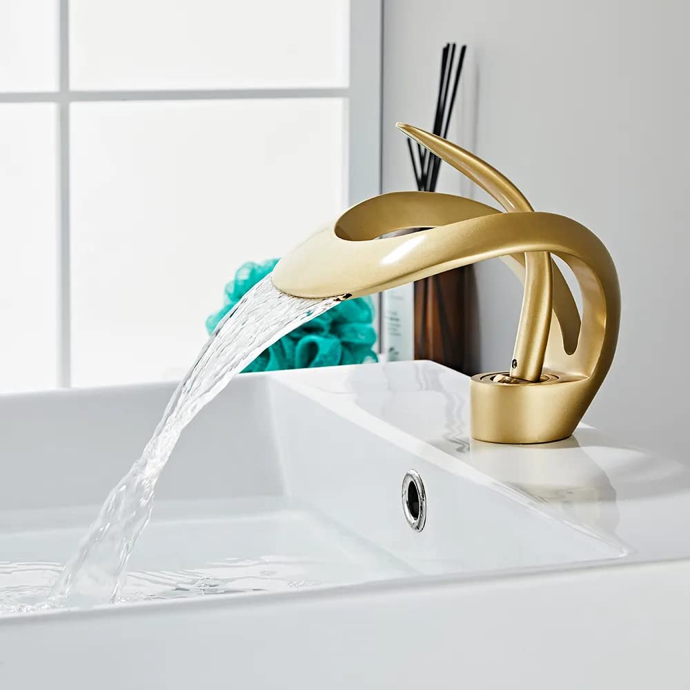Lovedima Elegant Waterfall Single Handle 1-Hole Bathroom Vessel Sink Faucet Solid Brass Lavatory Vanity Sink Faucet,Gold