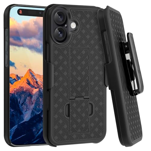 Coque iPhone 16 robuste fine antichoc dotée d'une béquille pivotante et clip de ceinture