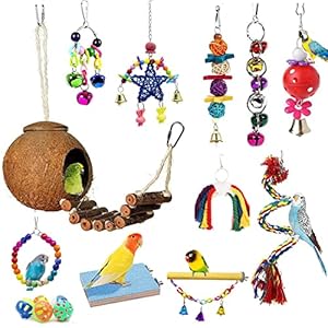 BIPY 16 PCS Bird Parrot Toys Hanging Bells Ball Swing Natural Coconut Birds Cage with Ladder Toy Pet Birds Stand Chewing Perches Wooden Toys for Parrots Parakeets Budgie Cockatiels Macaws