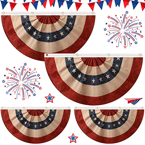 Irenare 4 Pcs Tea Stained Patriotic Bunting American Anniversary Fan Flag 250th Decorations Patriotic Burlap Pleated USA Fan Flag Banner Rustic and Farmhouse Outdoor Decor for 4th of July Memorial Day