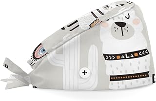 Bouffant Scrub Caps Printed Working Surgical Cap Alpaca Cactus Desert Nurse Hats with Buttons and Sweatband Adjustable Tie Back Hat for Women Men Multi Color