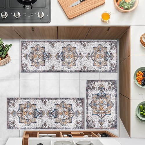 Boho Kitchen Rugs Set Washable Throw Rugs with Rubber Backing Non Slip Floor Mats Farmhouse Carpet for Kitchen, Laundry Room, Hallway