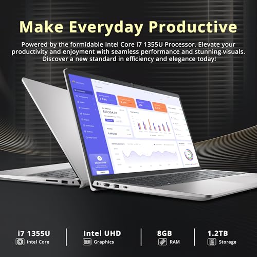 Image of Dell 15 15.6 inch FHD Business Laptop, Intel Core i7-1355U, 8GB RAM, 1.2TB Storage(256GB SSD+1TB Docking Station Set), Intel UHD Graphics, Backlit Keyboard, Number Pad, Webcam, Wi-Fi 6, Win 11, Silver