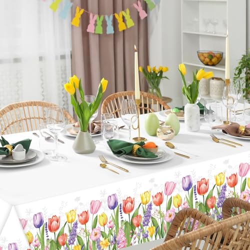 Image of Gistome 3-Piece 54 x 108 Inch Spring Floral Plastic Tablecloth - Colorful Wildflower and Tulip Border Disposable Table Covers for Garden Parties, Baby Showers, Picnics, and Spring Celebrations