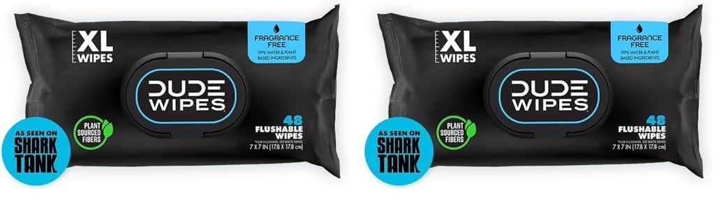 DUDE Wipes, 48 Count, 2 Pack | Flushable | Unscented | Extra-Large | Vitamin-E & Aloe