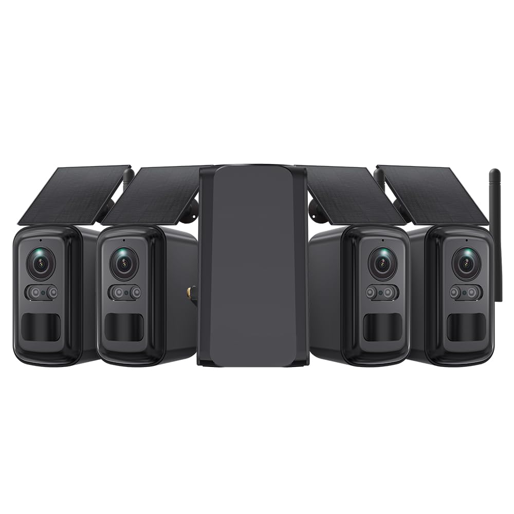 SHIWOJIA 4 Kit Camara Vigilancia WiFi con Home hub, Halow WiFi Camara Exterior Solar, Visión Nocturna, Audio Bidireccional, Detección de Movimiento PIR, Sin Costo Mensual